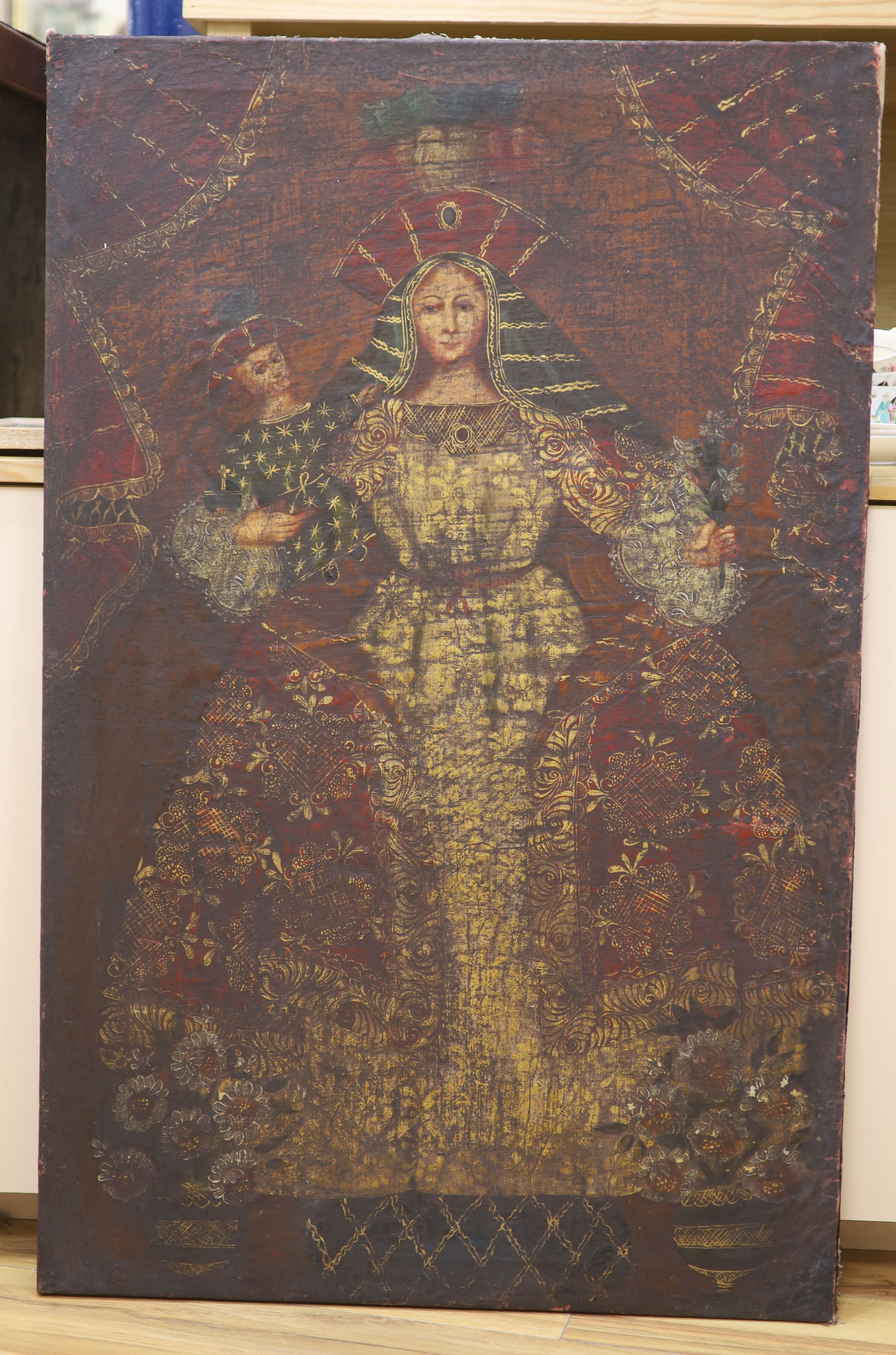Cuzco School, oil on canvas, Standing Madonna and child, 112 x 72cm, unframed